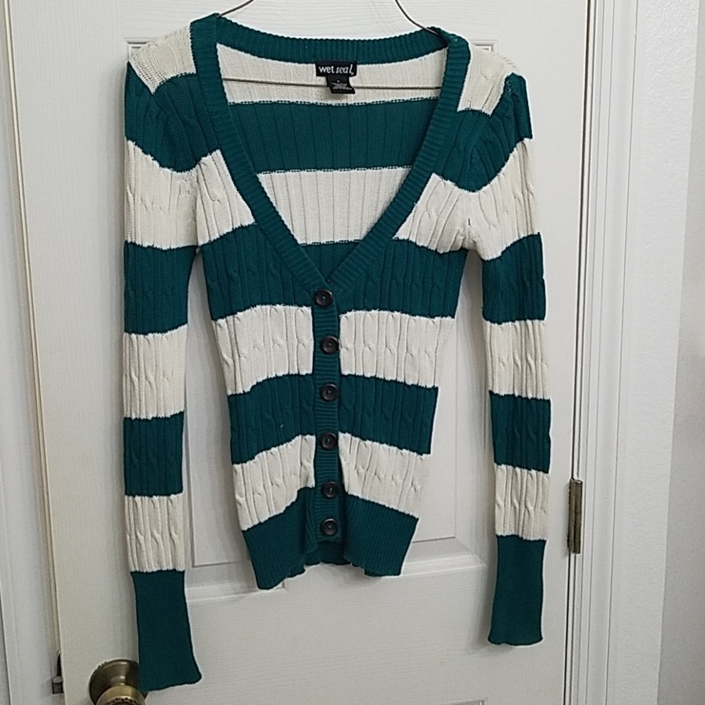Wet Seal teal and white sweater - Picture 2 of 2